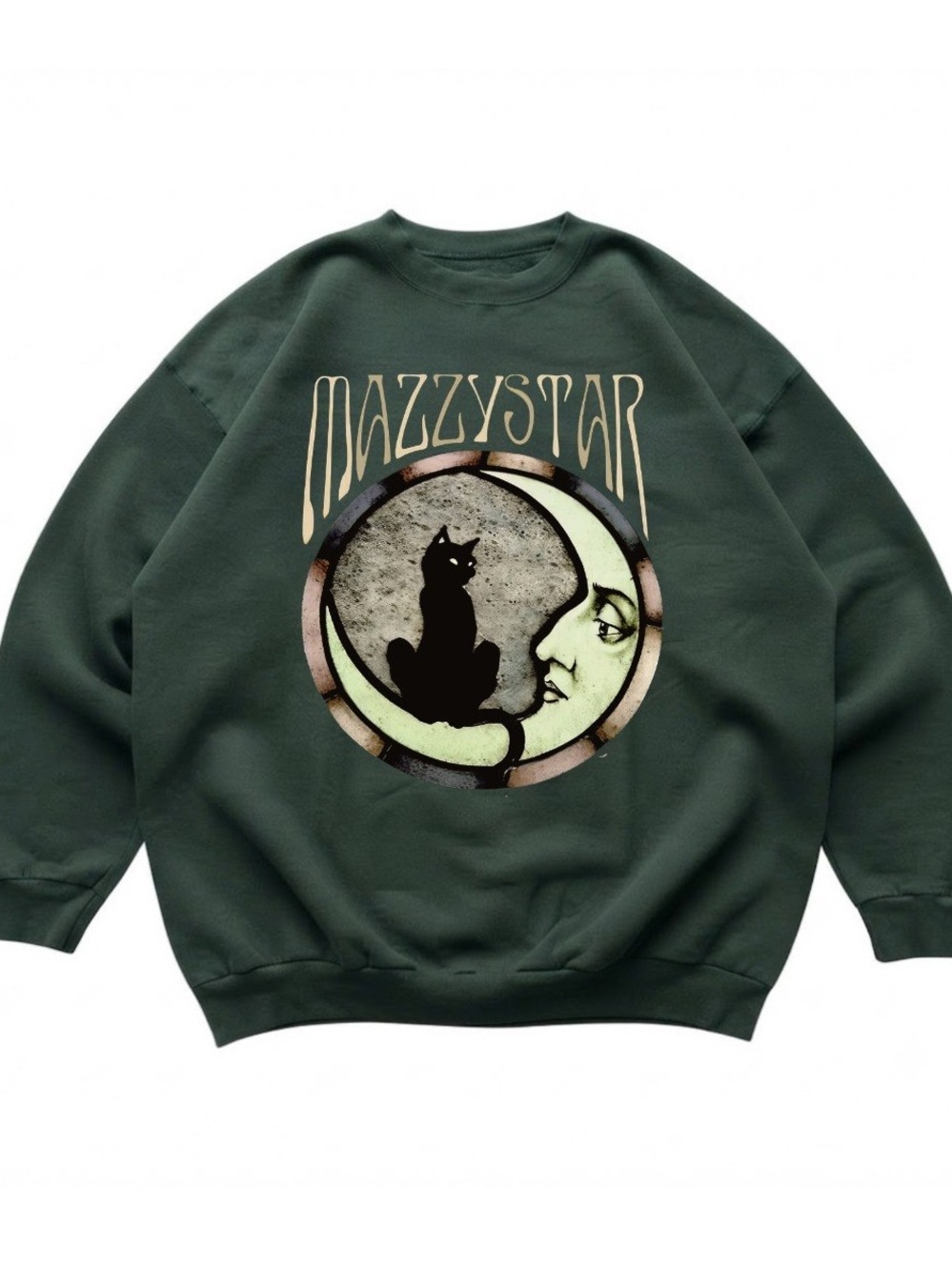 Mazzy Star Cat & Moon Graphic Dark Green Gildan Sweatshirt